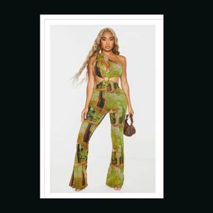 OLIVE RENAISSANCE PRINT MESH ONE SHOULDER RING DETAIL JUMPSUIT